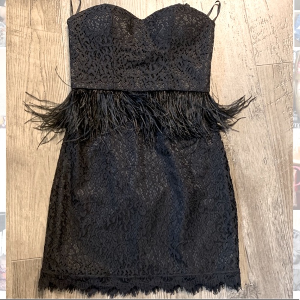 Bebe black feather and lace cocktail dress